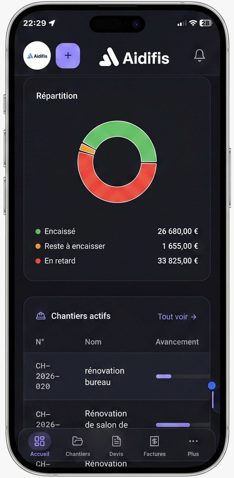 App móvil Aidifis — panel en iPhone